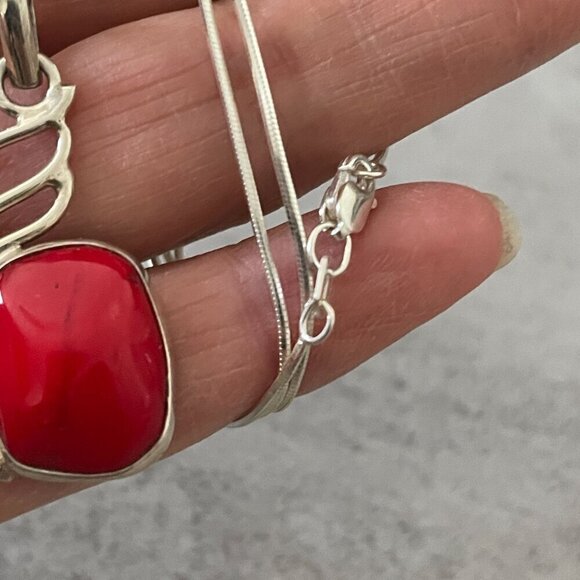 Artisan Crafted Red Coral Abstract Sterling Silver Pendant Necklace with Chain - Picture 5 of 9